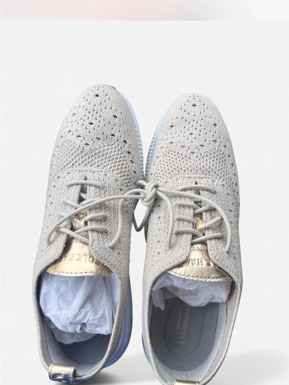 Cole Haan Women's Knit Lace-Up Sneakers in Light Gray with Gold Accent